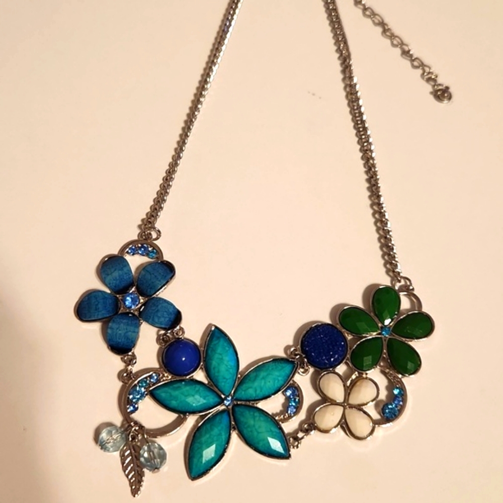 Mixed Blue Stone and Silver-tone Bib Statement Necklace